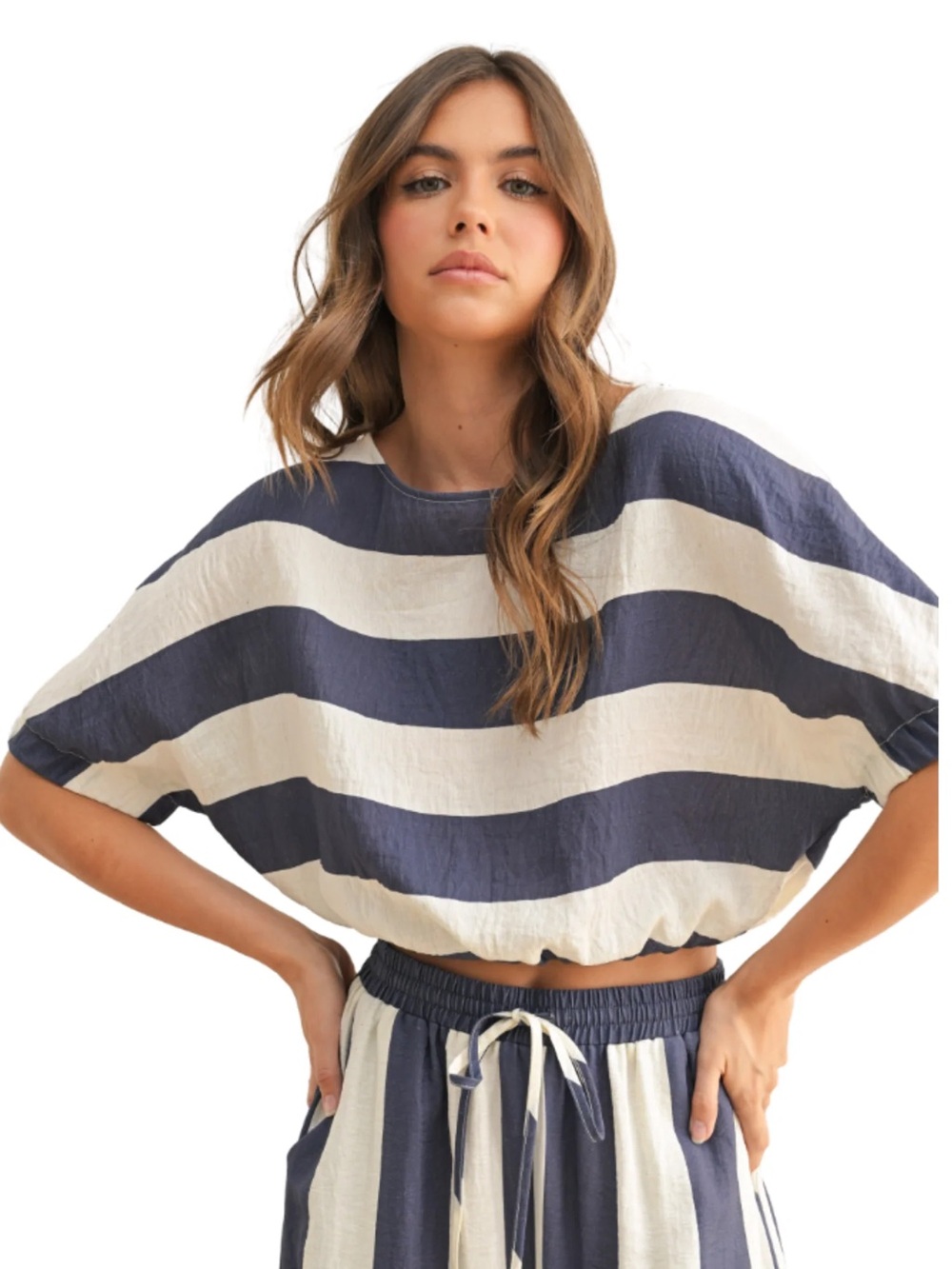 Miou Muse Boat Neck Stripe Top NWT Small Navy Ivory Bubble Hem Linen Blend